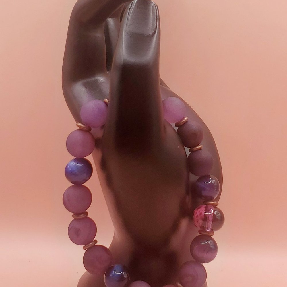 Purple Druzy Agate,  Galaxy Tigers Eye, Copper, and Lampwork Beaded Bracelet - Picture 2 of 5